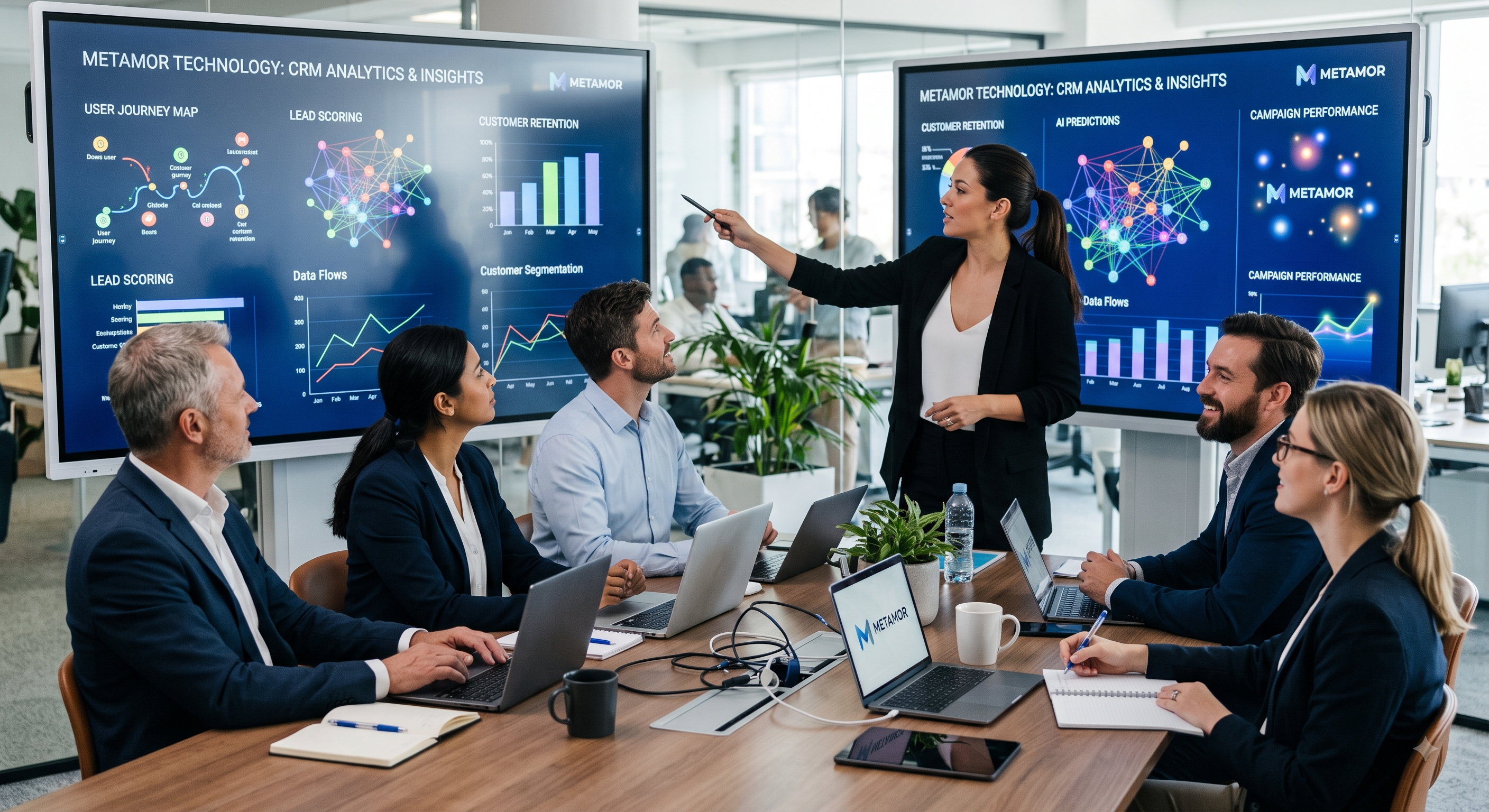 CRM Software by Metamor Technologies — sales team managing auto-captured leads from calls, IndiaMART and email with automated WhatsApp follow-ups