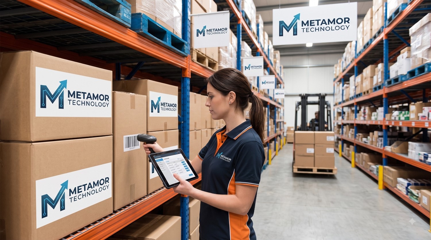 Inventory Management System by Metamor Technologies — organized stocked shelves with barcode labels showing real-time multi-location stock tracking