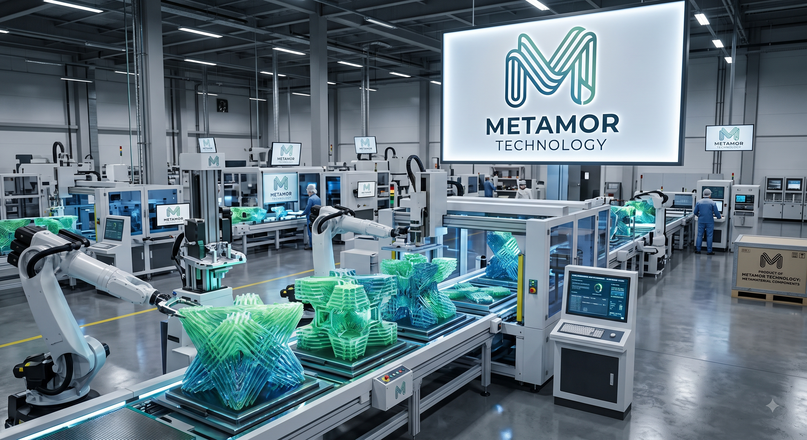 Manufacturing and Production Management System by Metamor Technologies — factory shop floor with machines and operators tracked stage-by-stage via IoT sensors