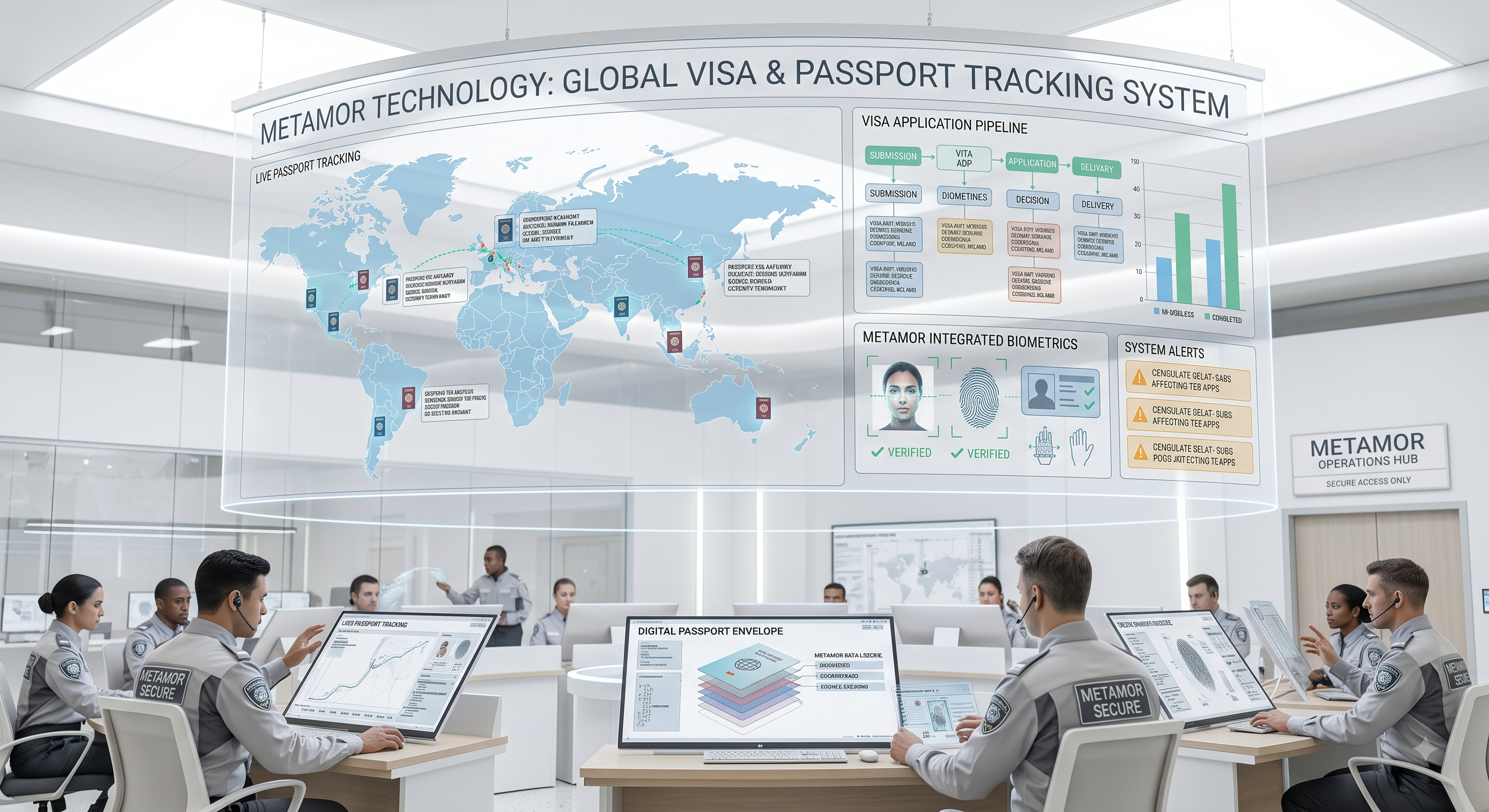 Visa and Passport Tracking Software by Metamor Technologies — barcode chain-of-custody tracking securing passports across travel agency branches and agents