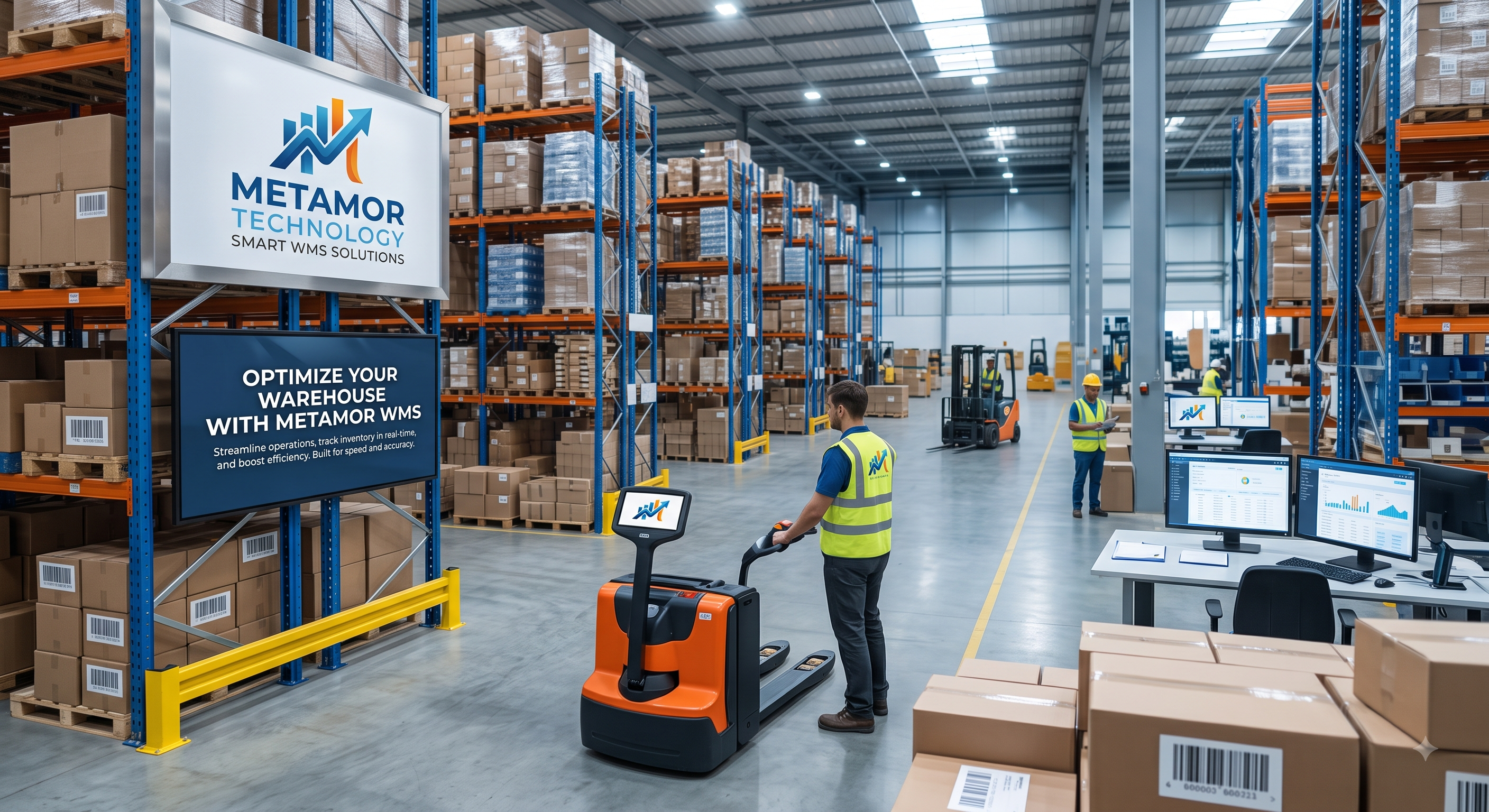 Warehouse Management System (WMS) by Metamor Technologies — organized modern warehouse with racked inventory, barcode and RFID tracking for real-time stock visibility